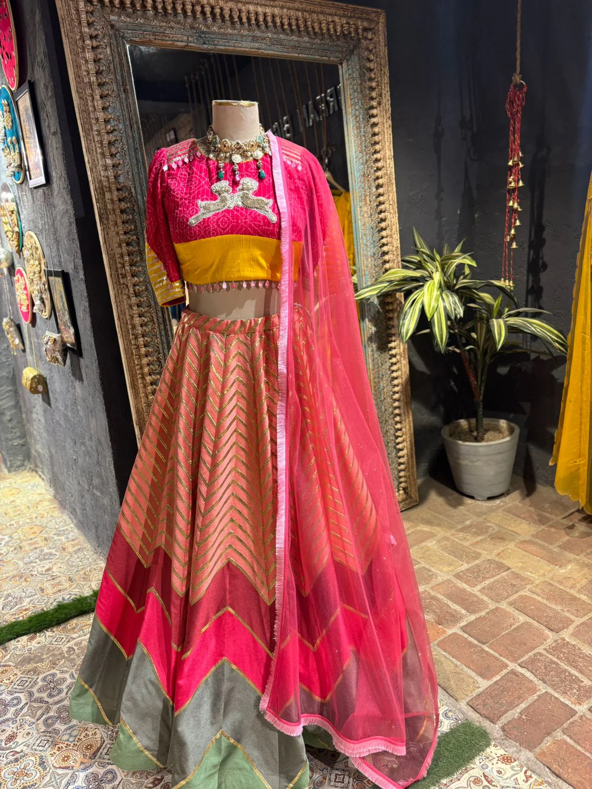 Rani Pink–Mustard Zari Lehenga - Image 3