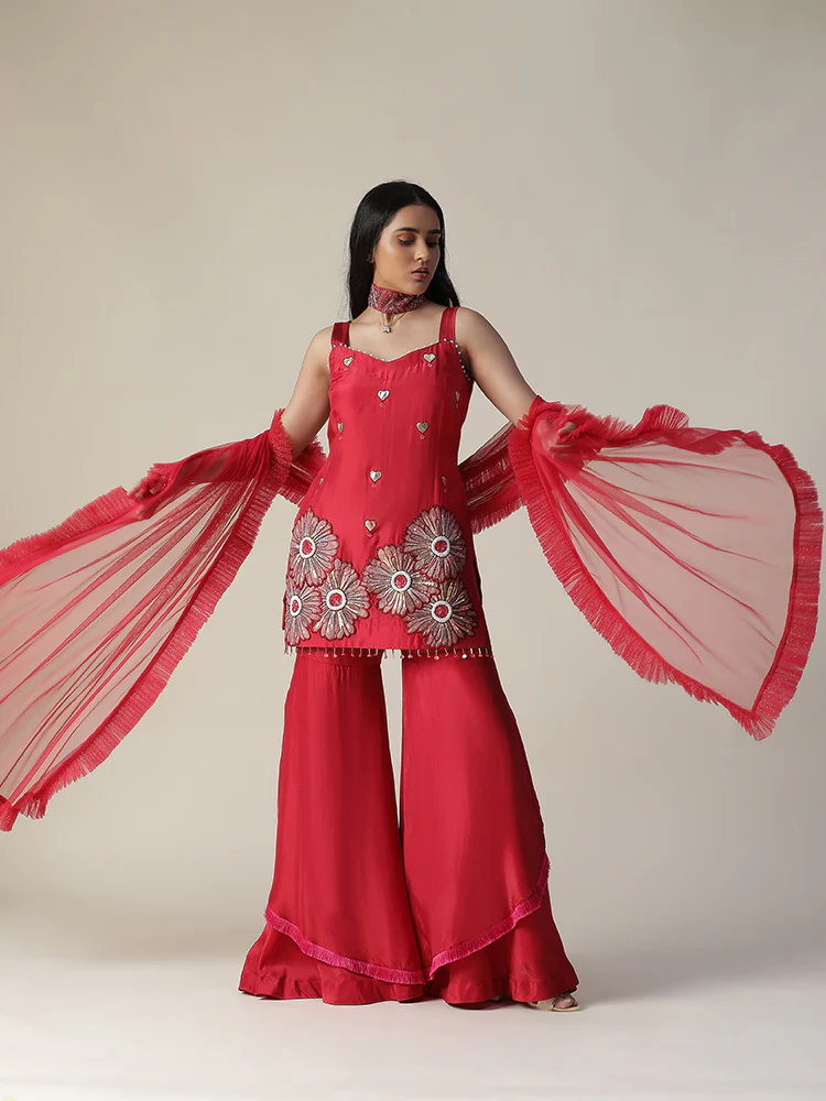 Red flower embroidered sharara set - Image 3