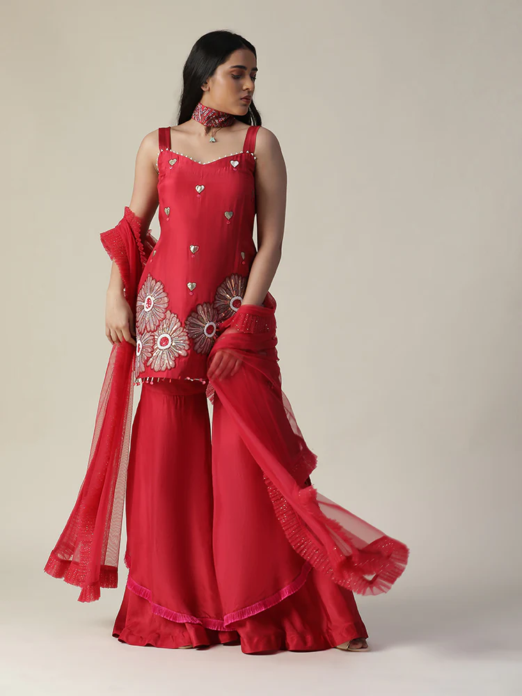 Red flower embroidered sharara set - Image 4