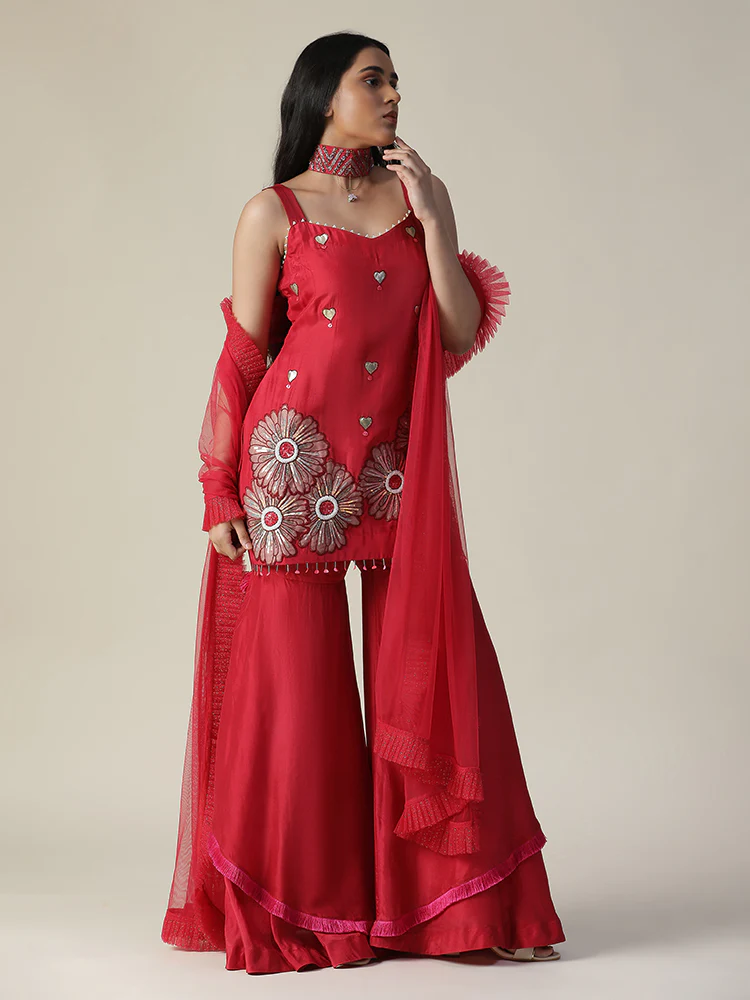 Red flower embroidered sharara set - Image 5