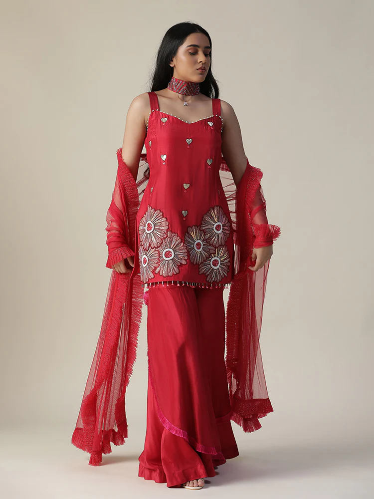 Red flower embroidered sharara set - Image 6