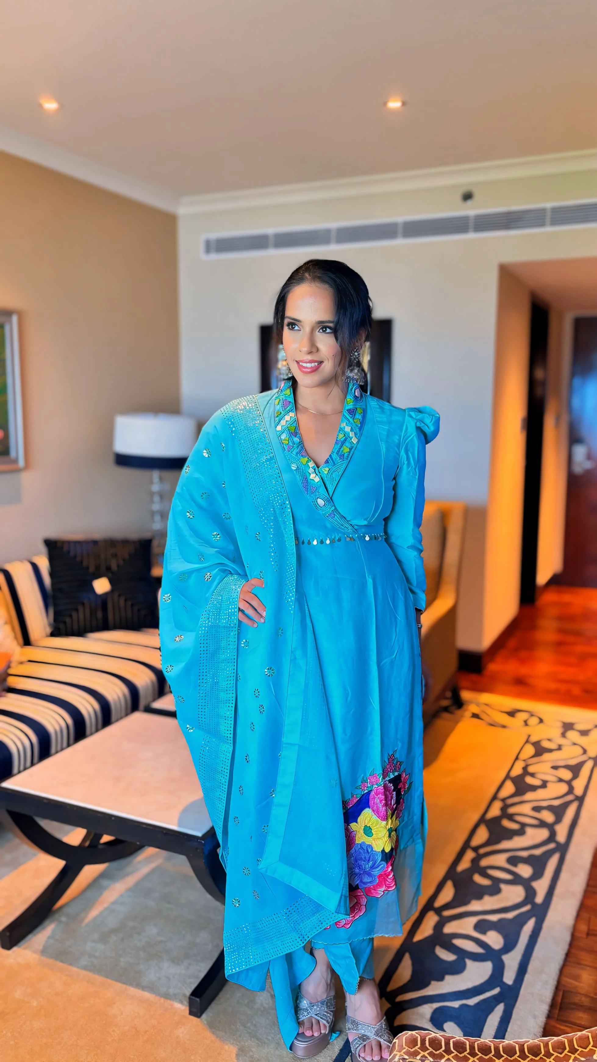 Saina Nehwal in signature butterfly handpainted suit set
