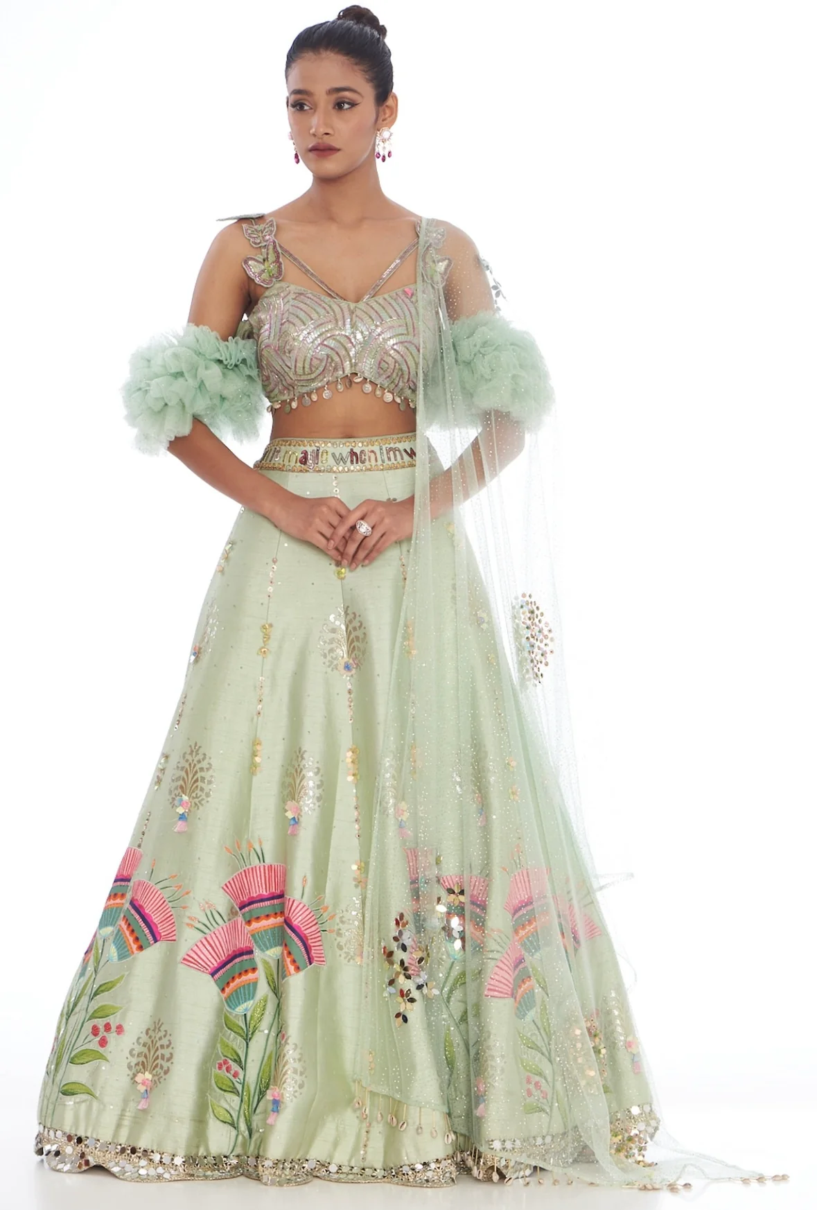 Sea green bell handpainted lehenga set