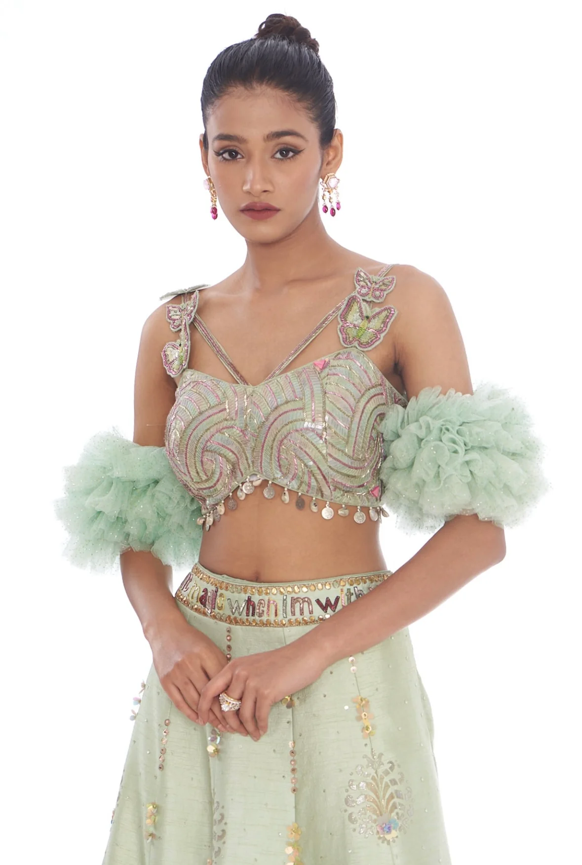 Sea green bell handpainted lehenga set - Image 3