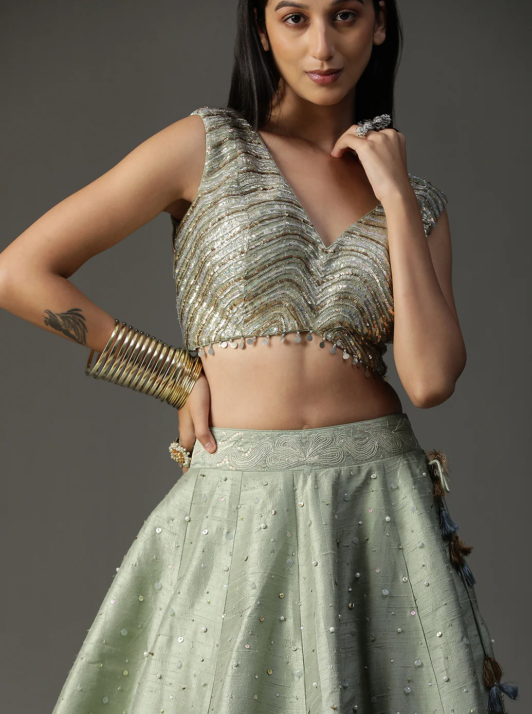 Sea green hanpainted lehnga set - Image 3