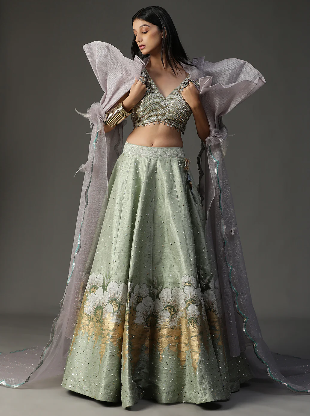 Sea green hanpainted lehnga set - Image 5