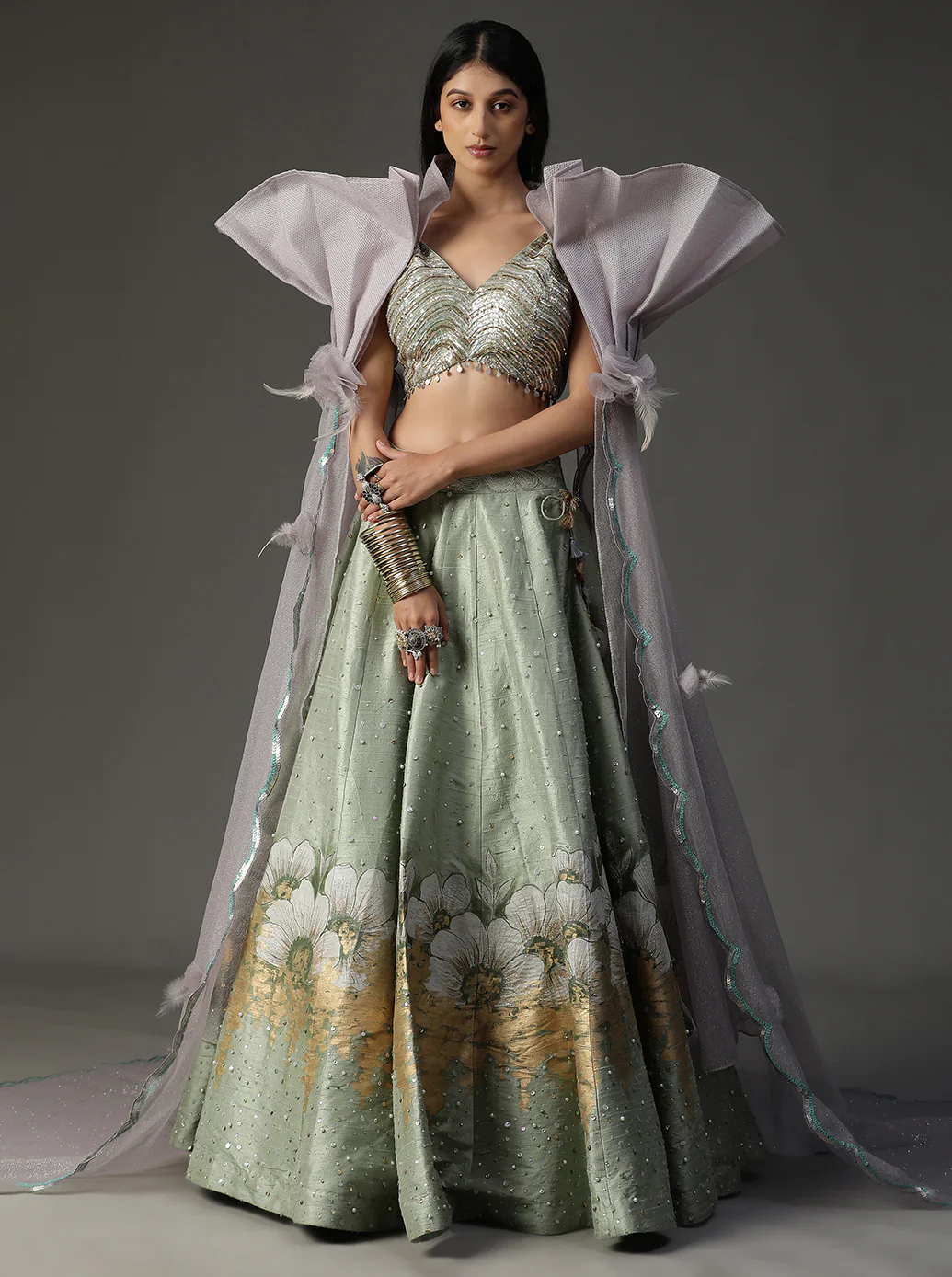 Sea green hanpainted lehnga set - Image 6