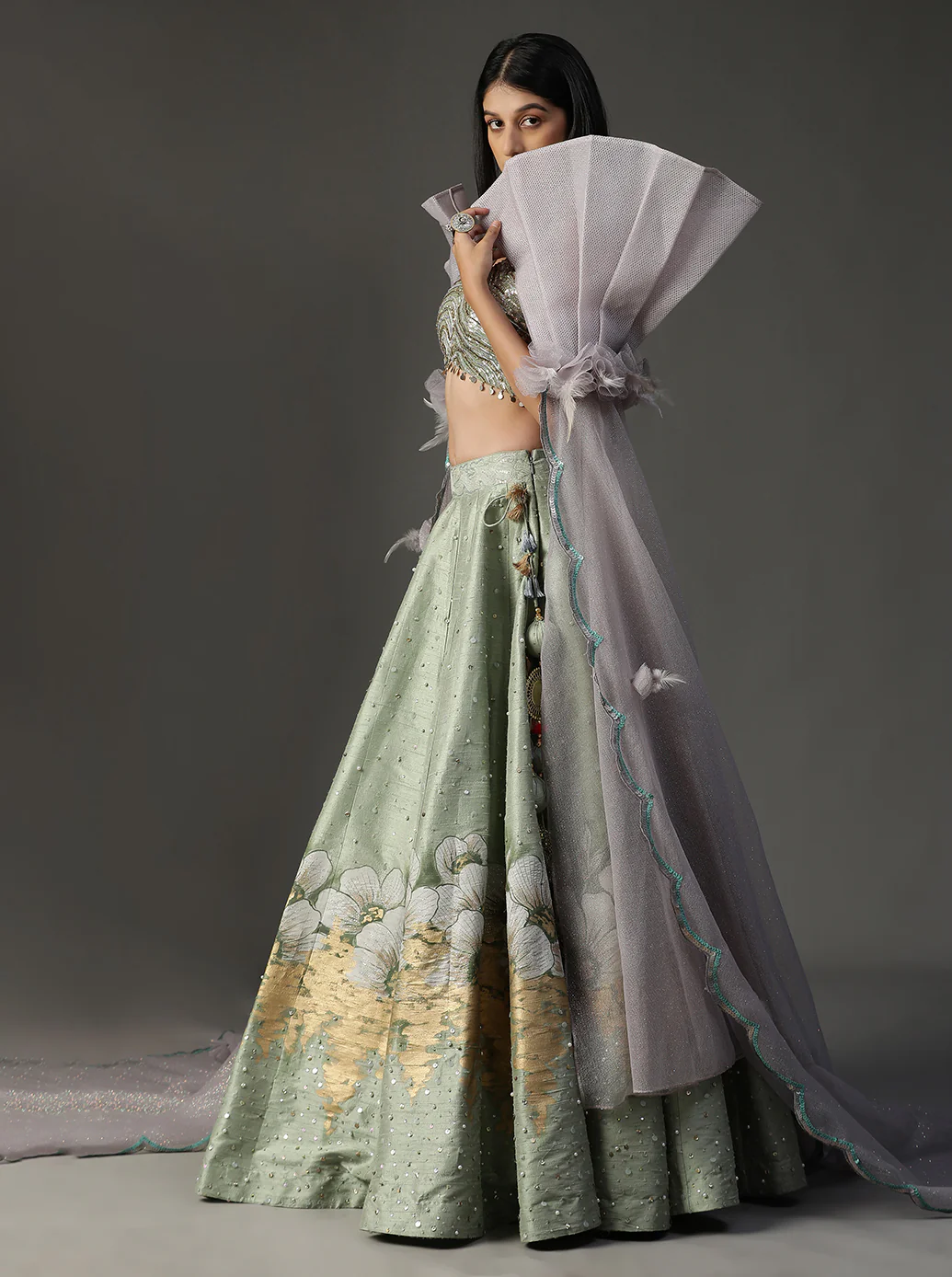 Sea green hanpainted lehnga set - Image 7