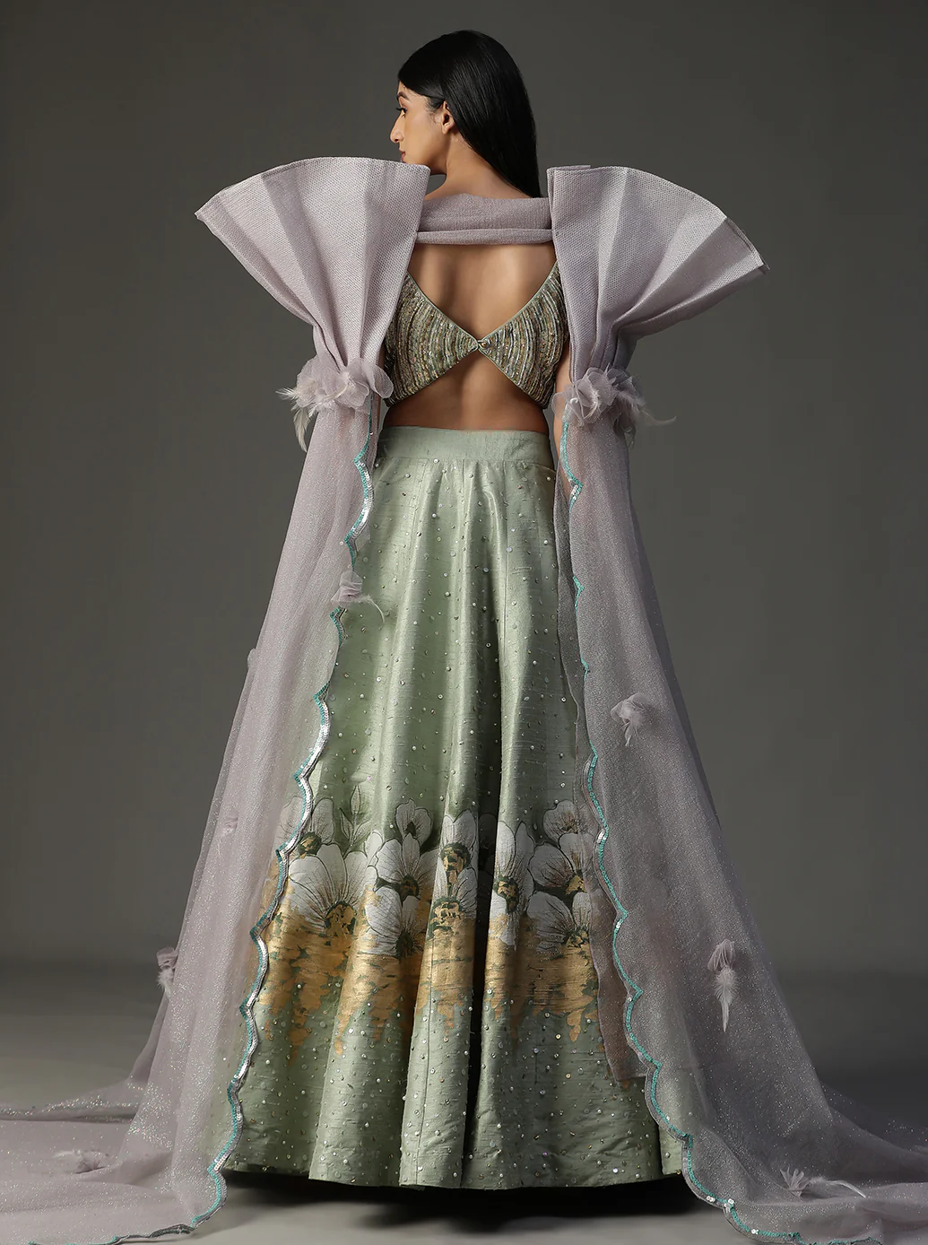 Sea green hanpainted lehnga set - Image 8