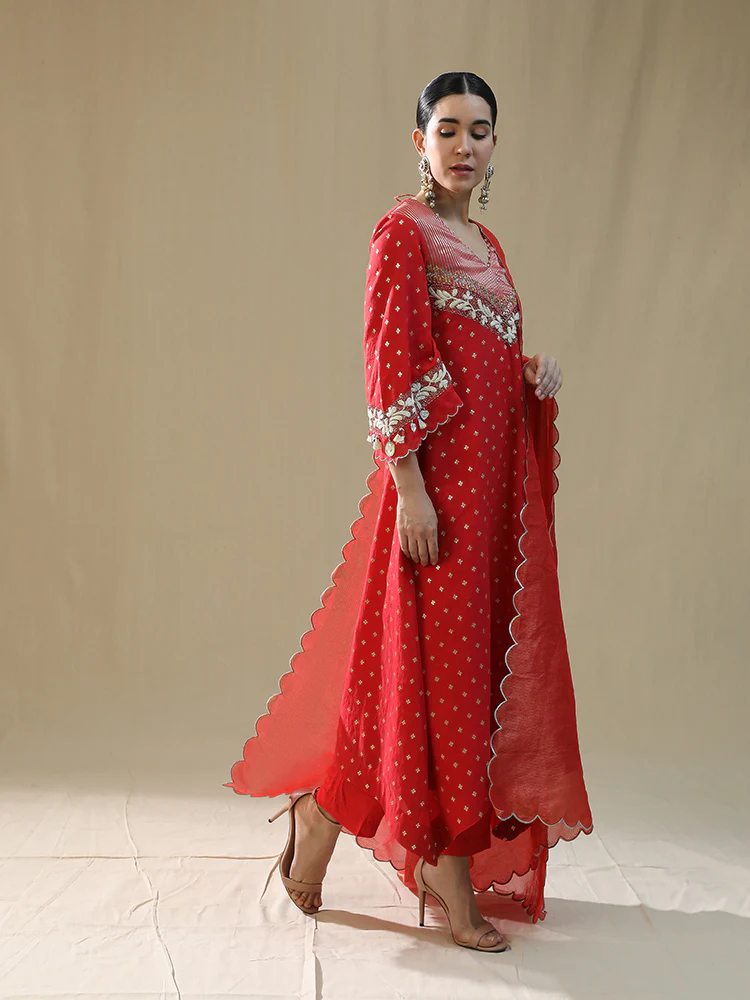 Red self chanderi suit set - Image 3