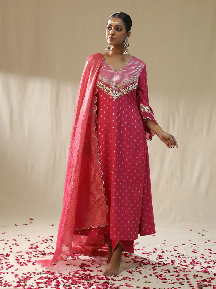 Pink self chanderi suit set