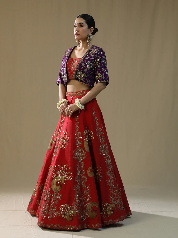 Red brushstroke lehenga set - Image 4
