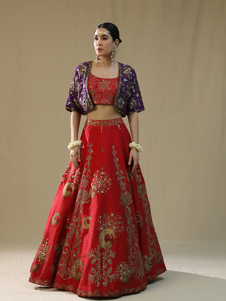 Red brushstroke lehenga set - Image 5