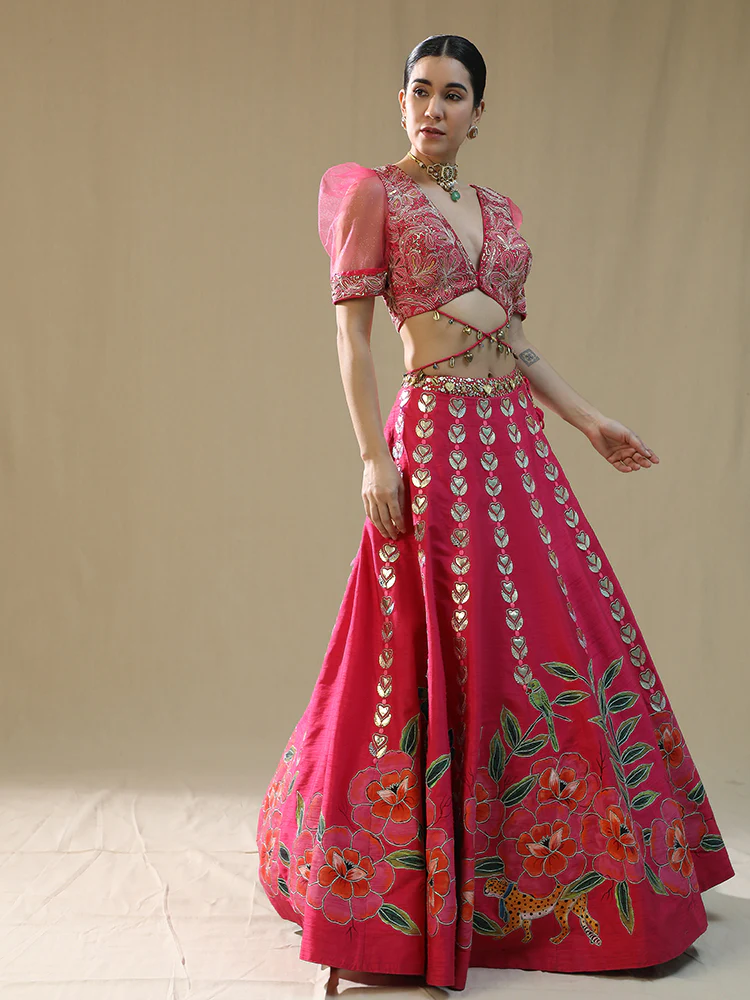 Pink leopard handpainted lehenga set - Image 2