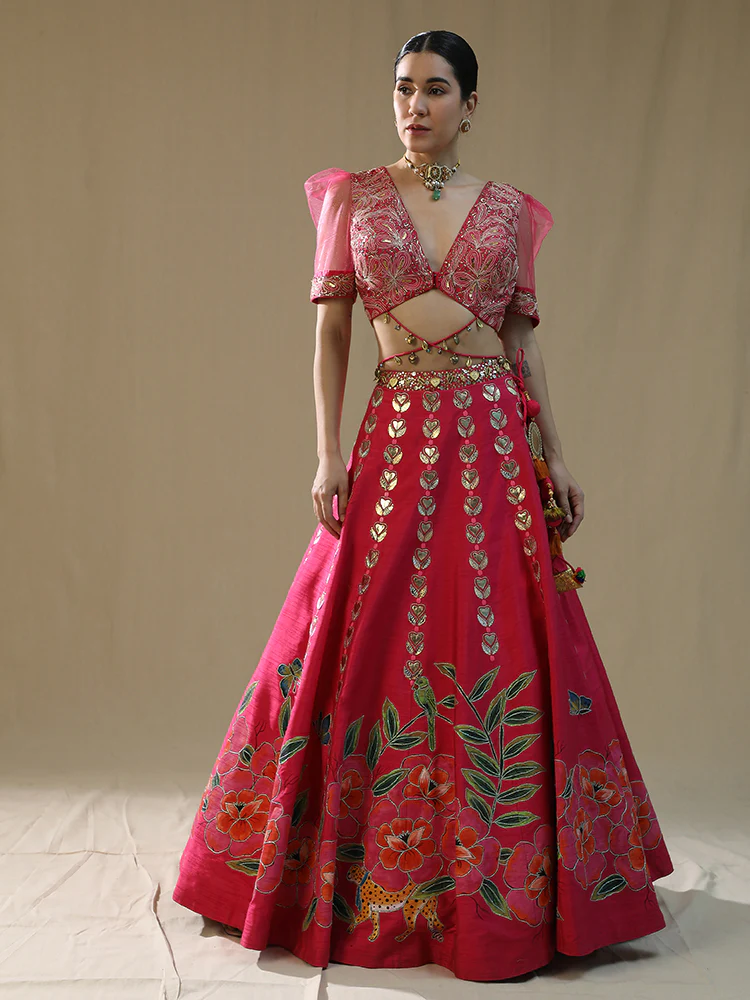 Pink leopard handpainted lehenga set - Image 4