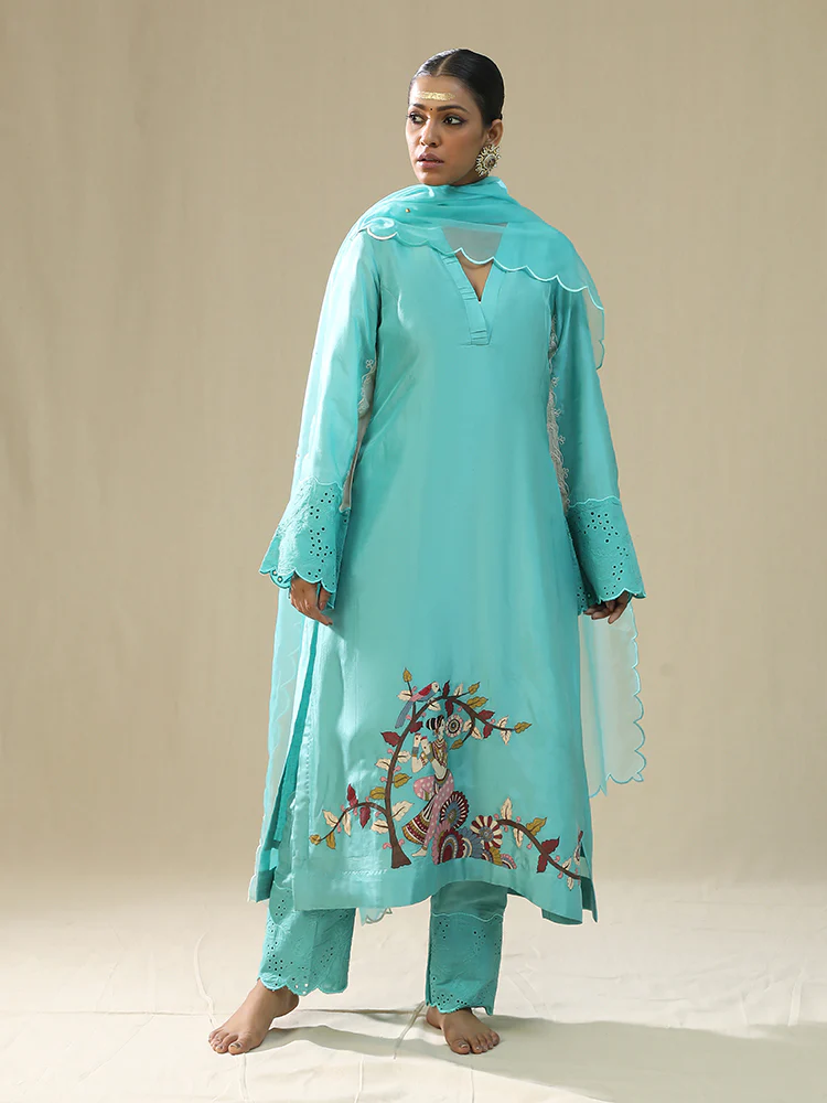 Sky blue handpainted kurta set