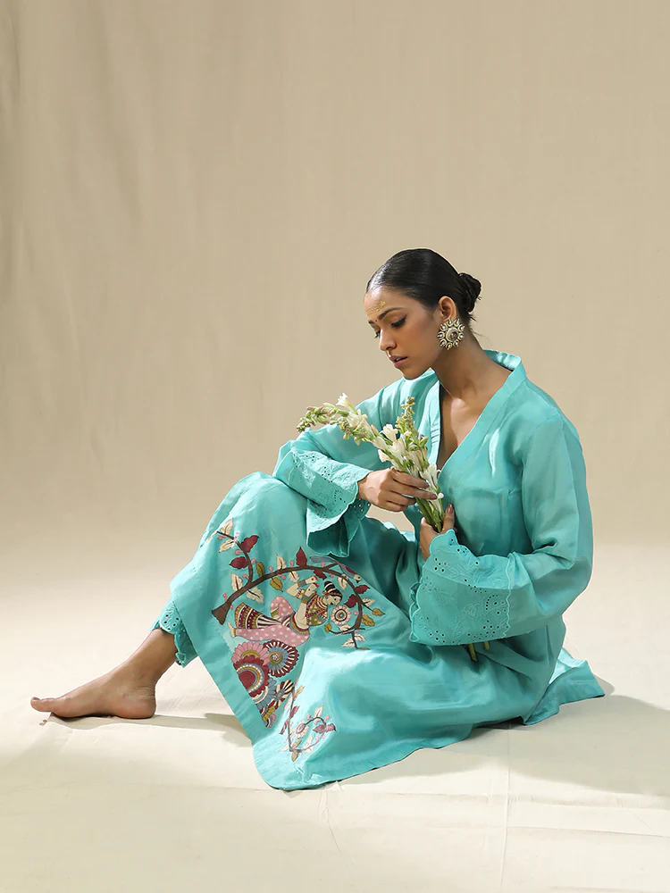Sky blue handpainted kurta set - Image 2