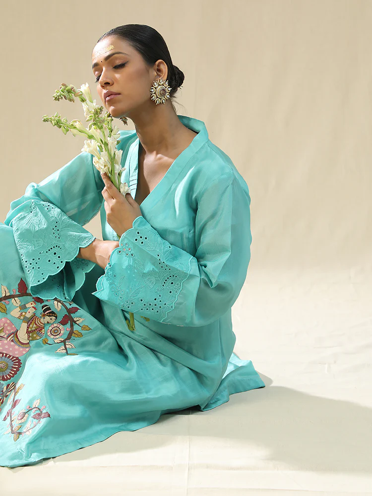Sky blue handpainted kurta set - Image 3