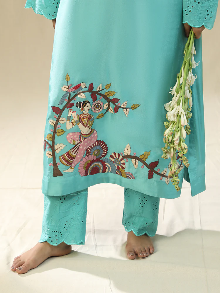 Sky blue handpainted kurta set - Image 4