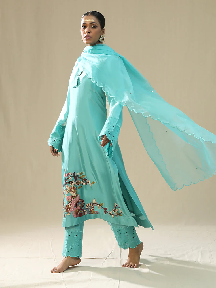 Sky blue handpainted kurta set - Image 8