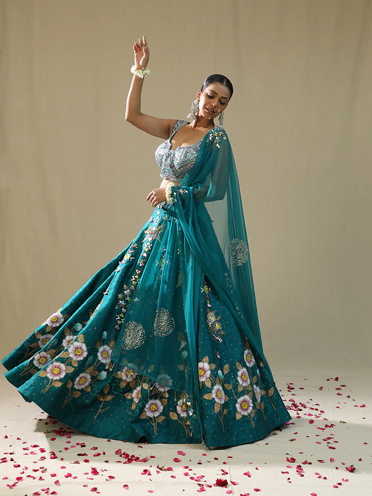 Teal green handpainted lehenga set