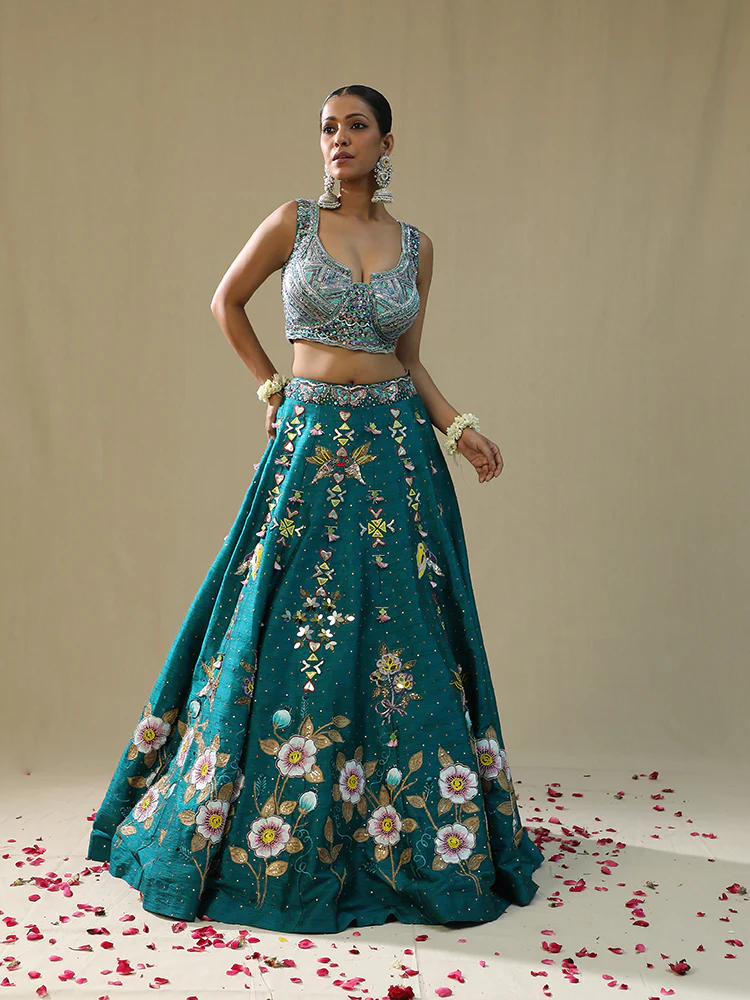 Teal green handpainted lehenga set - Image 2