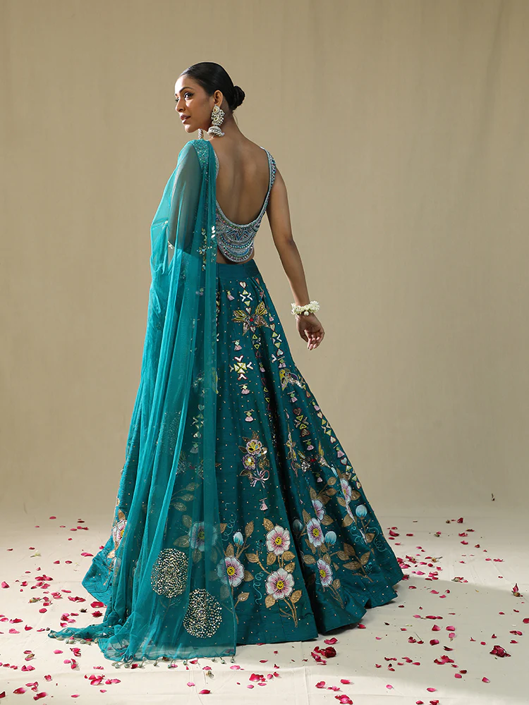 Teal green handpainted lehenga set - Image 3