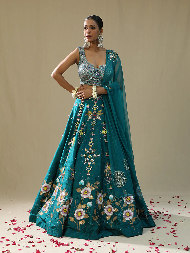Teal green handpainted lehenga set - Image 4
