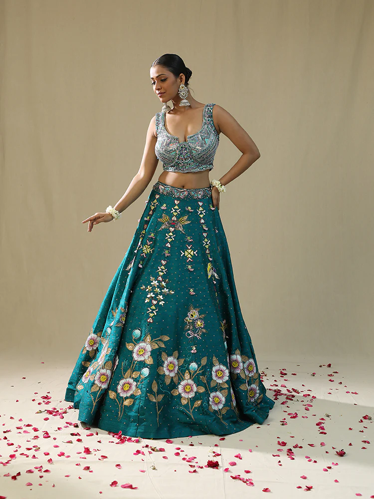 Teal green handpainted lehenga set - Image 5