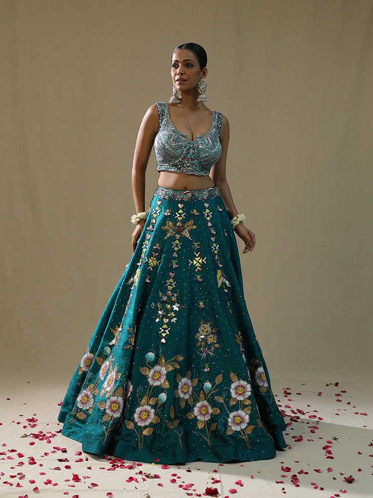 Teal green handpainted lehenga set - Image 7