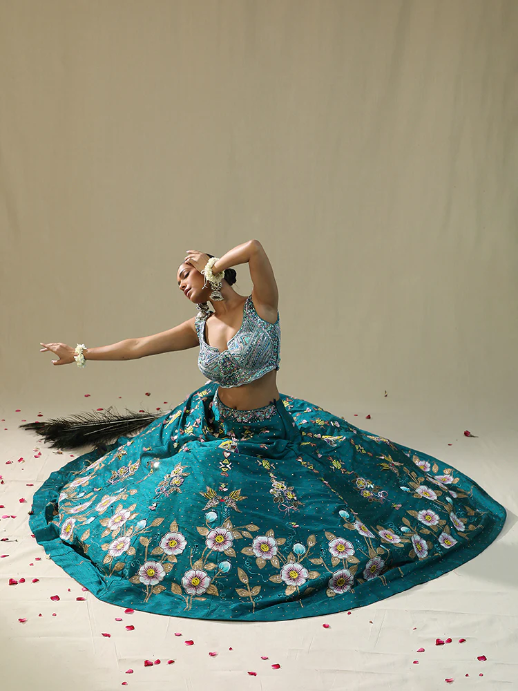 Teal green handpainted lehenga set - Image 8
