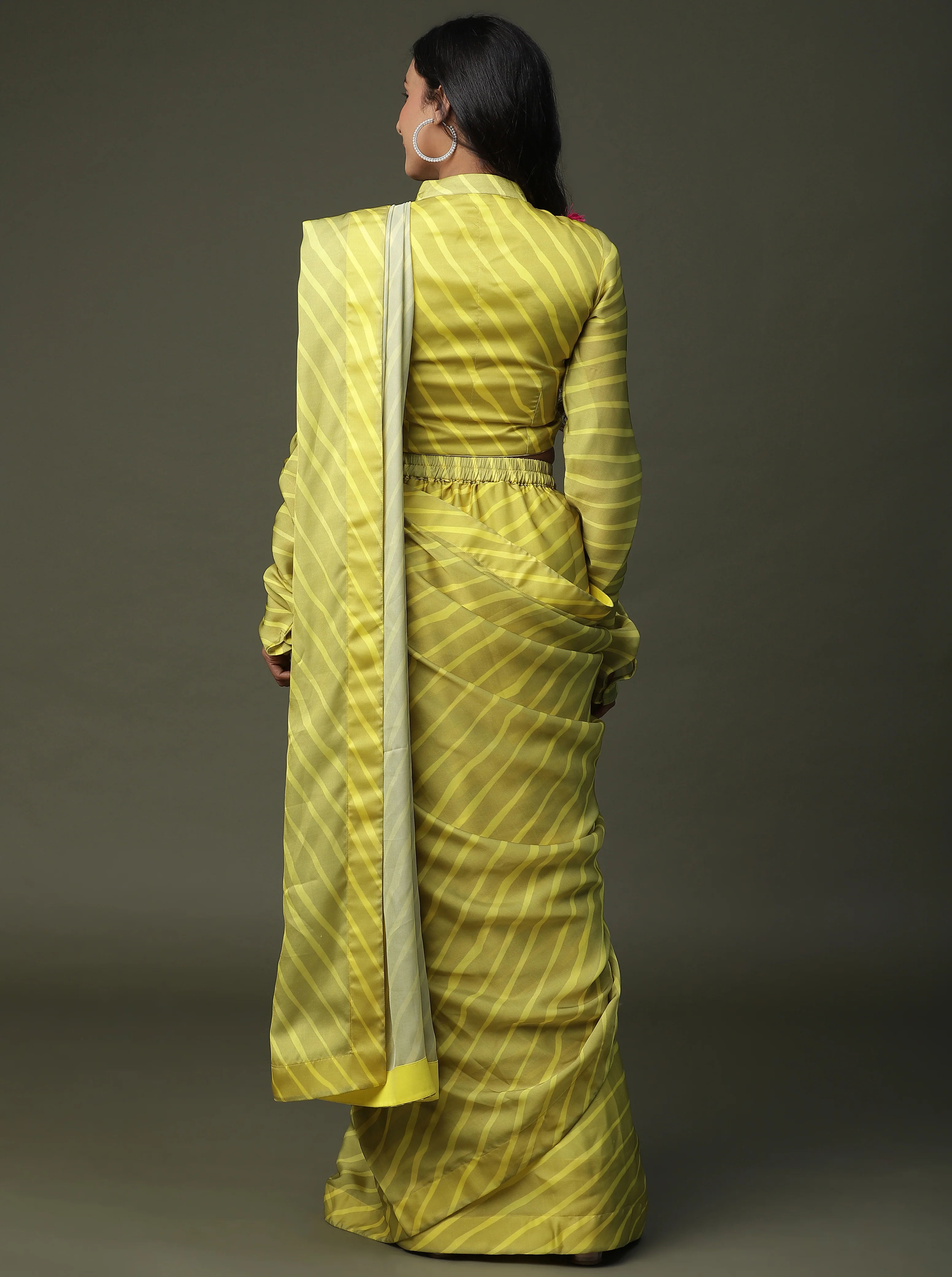 Striped Satin Silk Drape Saree - Image 3