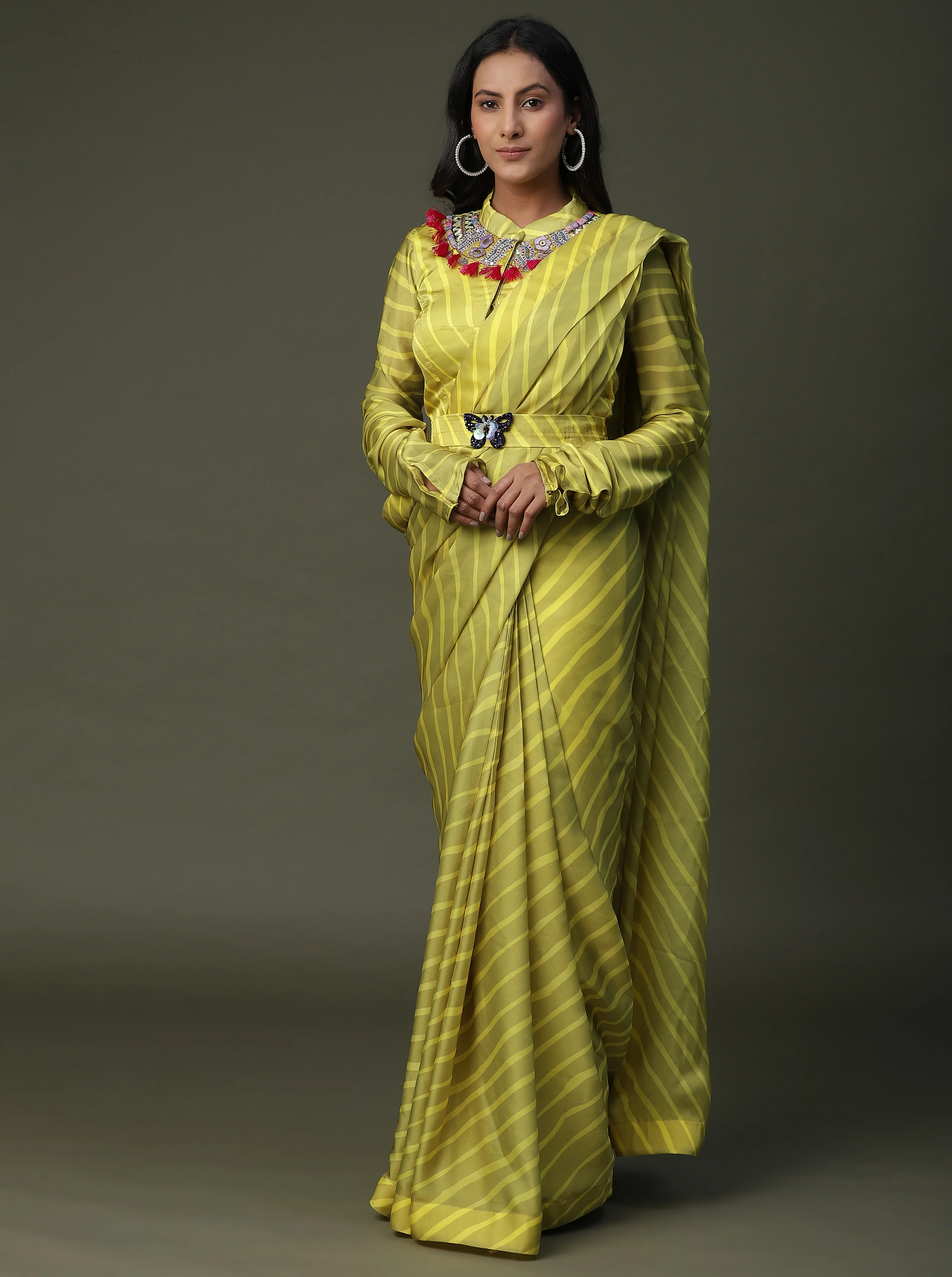Striped Satin Silk Drape Saree - Image 4
