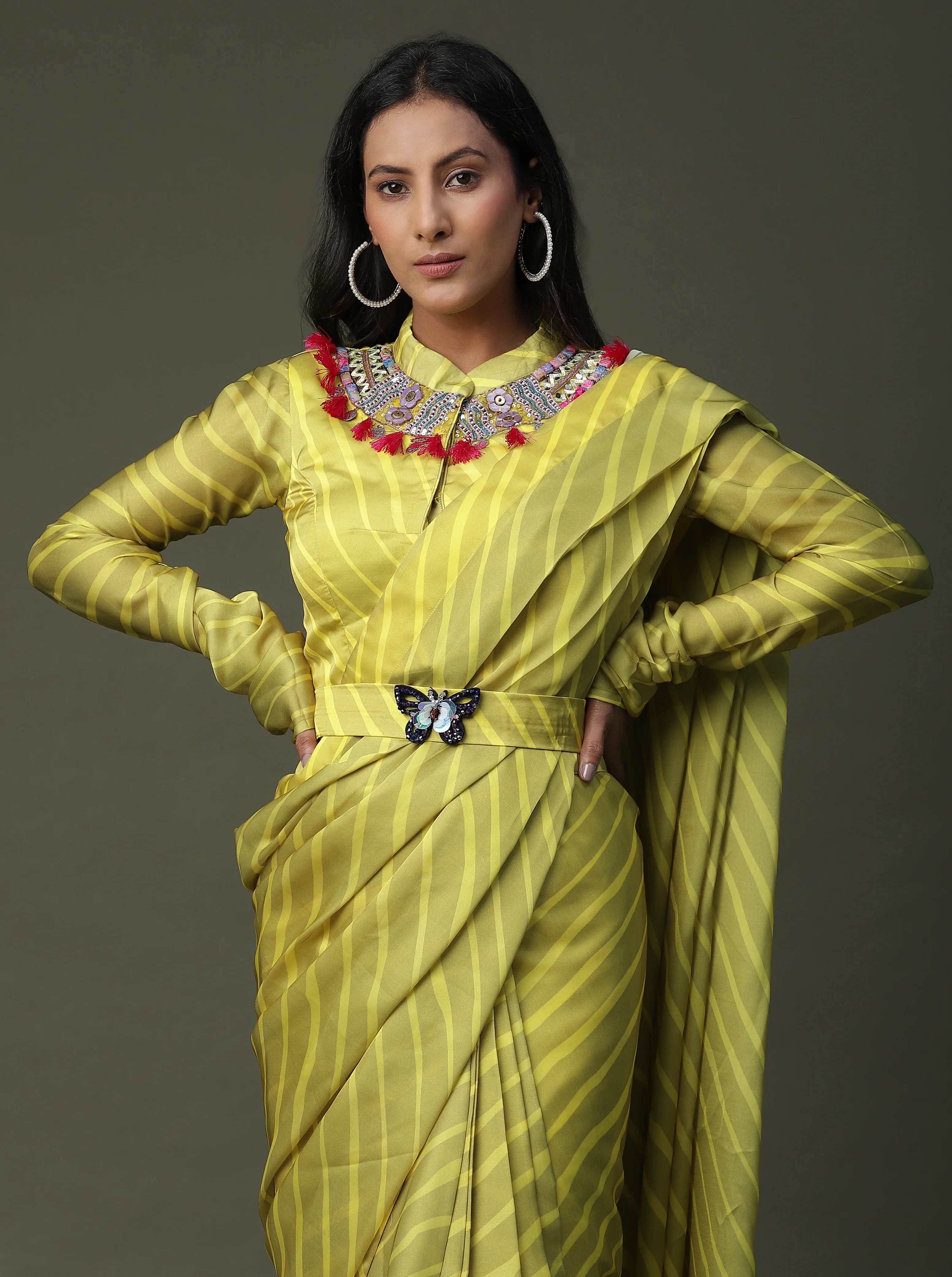 Striped Satin Silk Drape Saree - Image 5