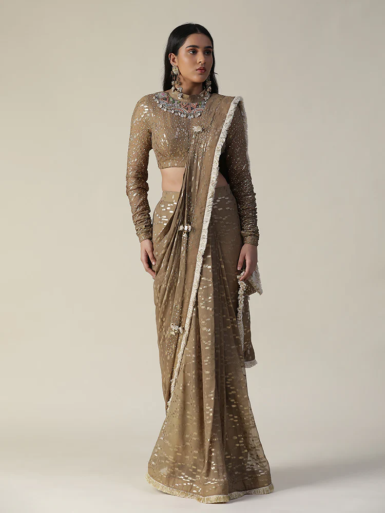Tan colour pre-draped georgette saree set - Image 3