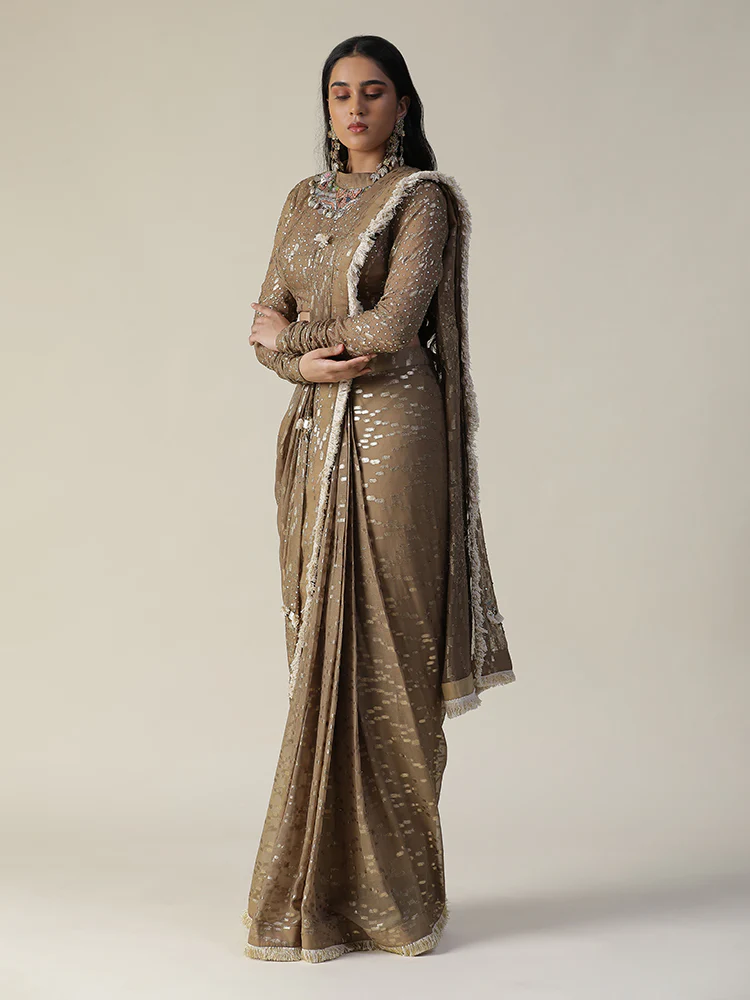 Tan colour pre-draped georgette saree set - Image 4