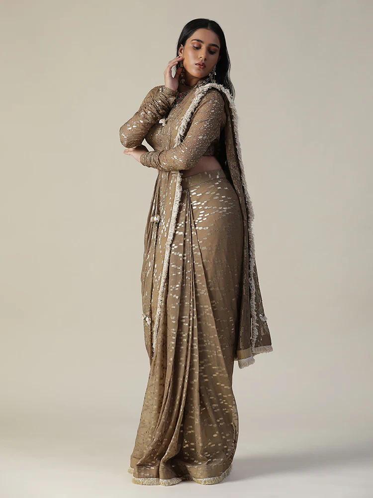 Tan colour pre-draped georgette saree set - Image 5