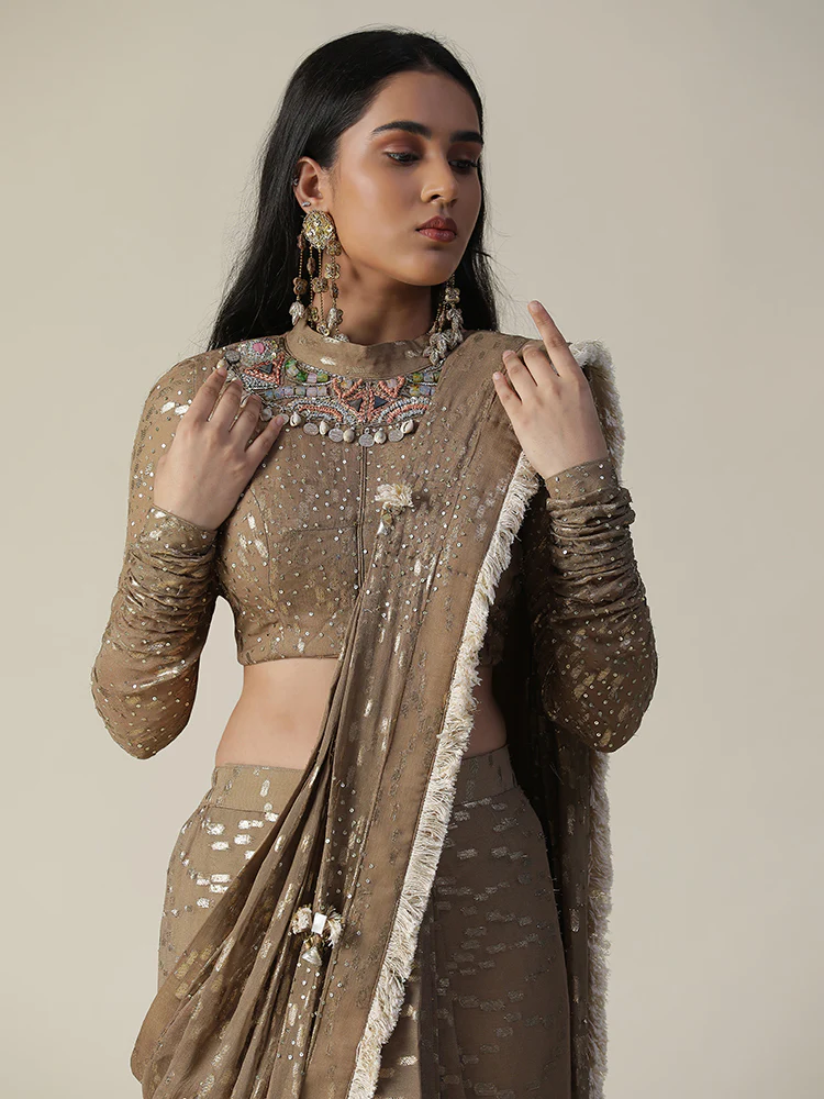 Tan colour pre-draped georgette saree set - Image 6