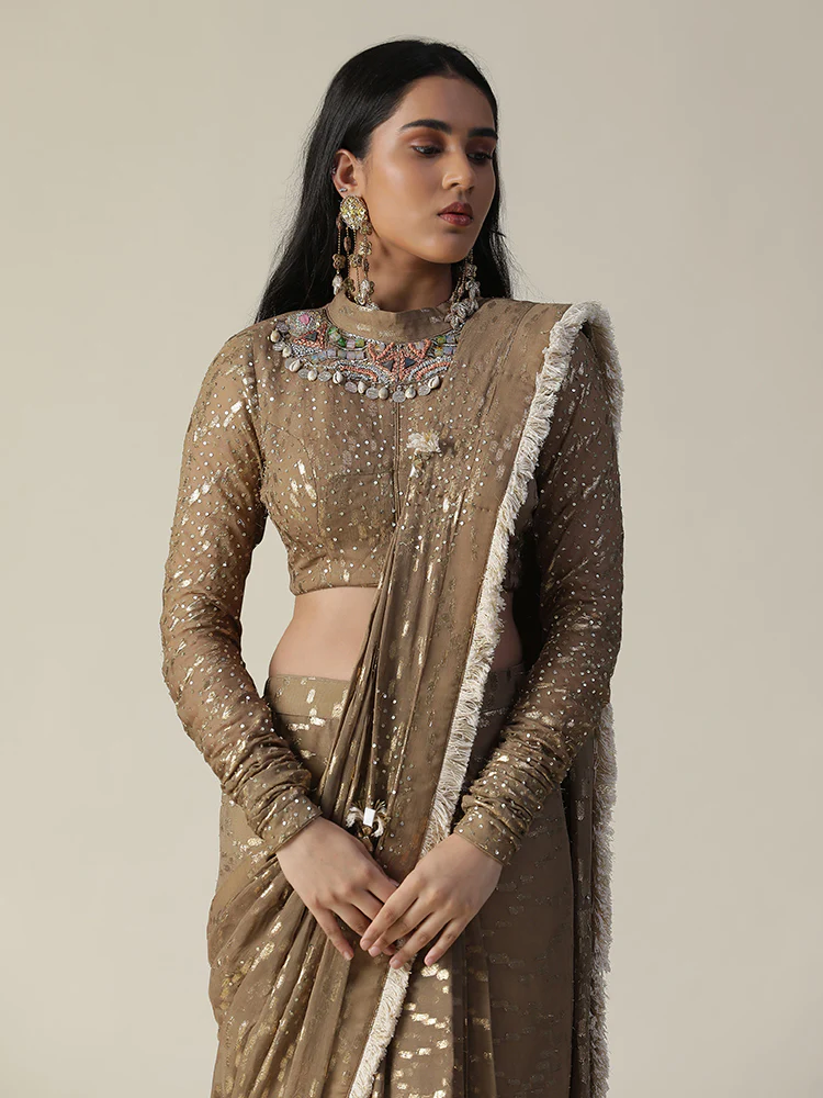 Tan colour pre-draped georgette saree set - Image 7