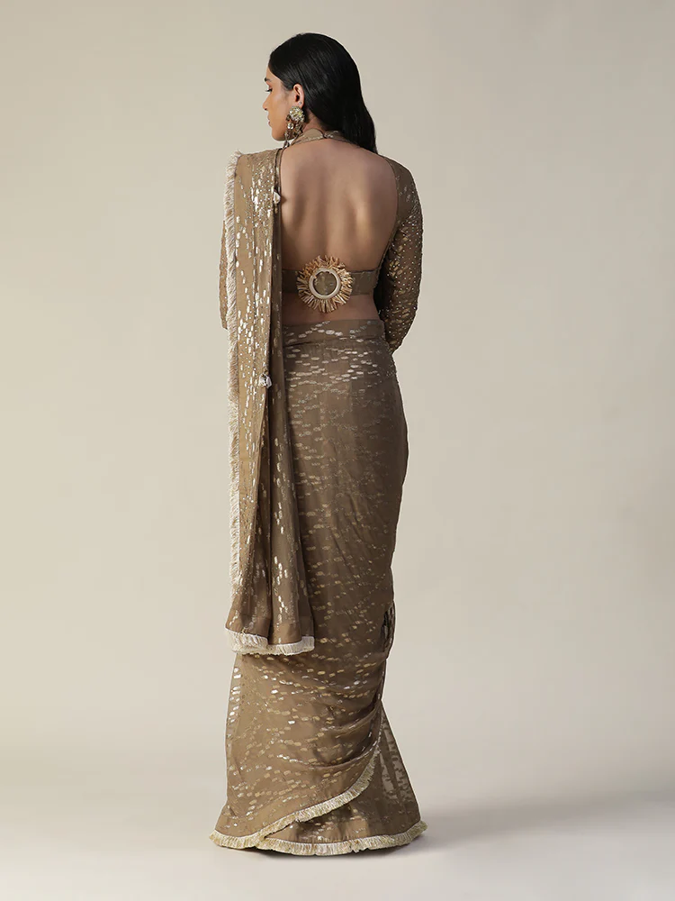 Tan colour pre-draped georgette saree set - Image 8