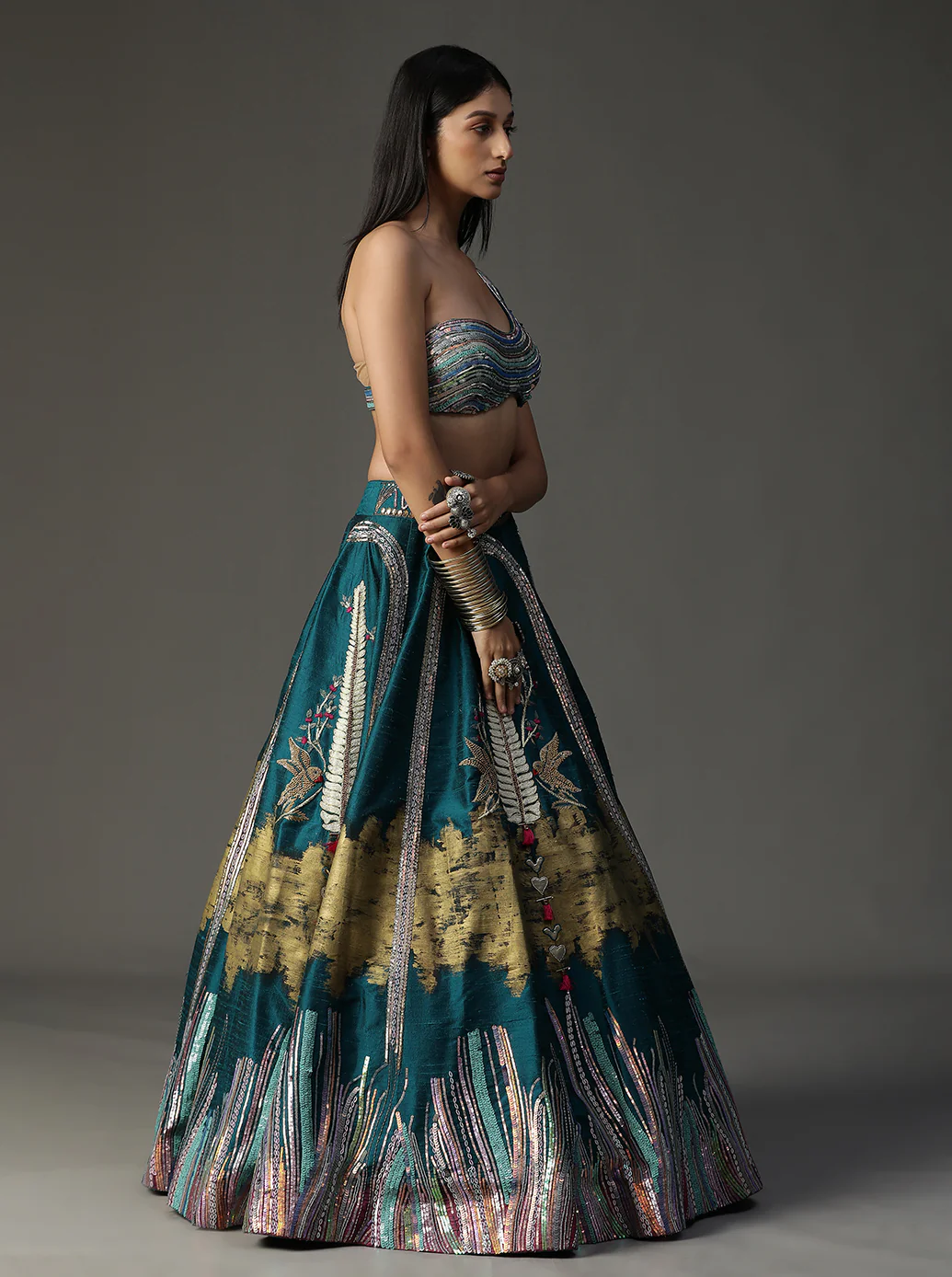 Teal blue handpainted lehnga set - Image 3