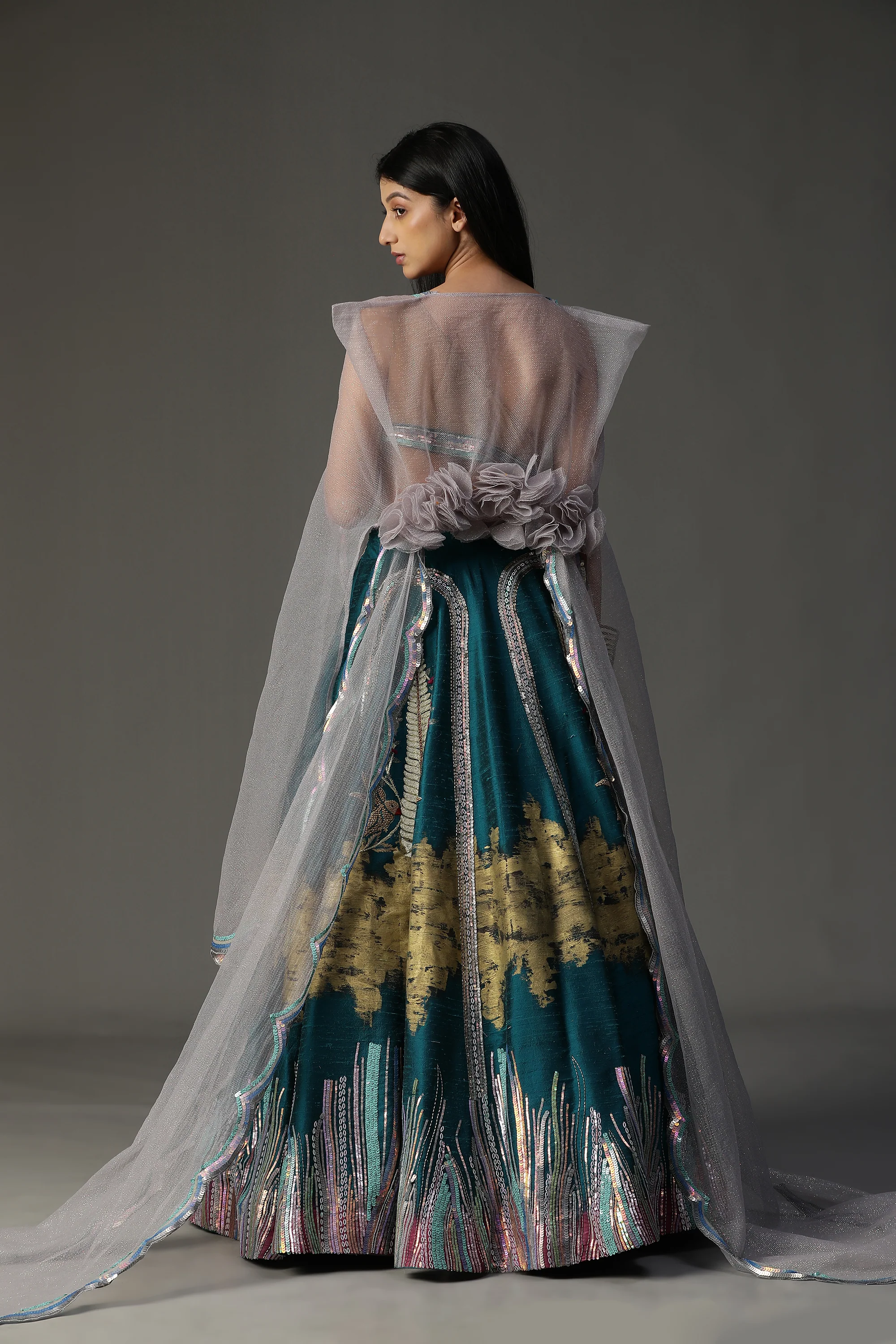 Teal blue handpainted lehnga set - Image 4
