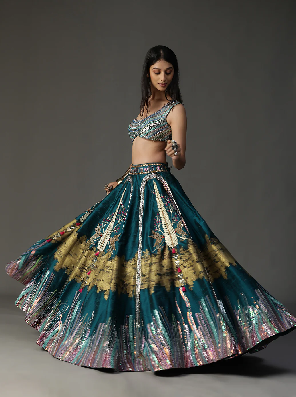 Teal blue handpainted lehnga set - Image 5
