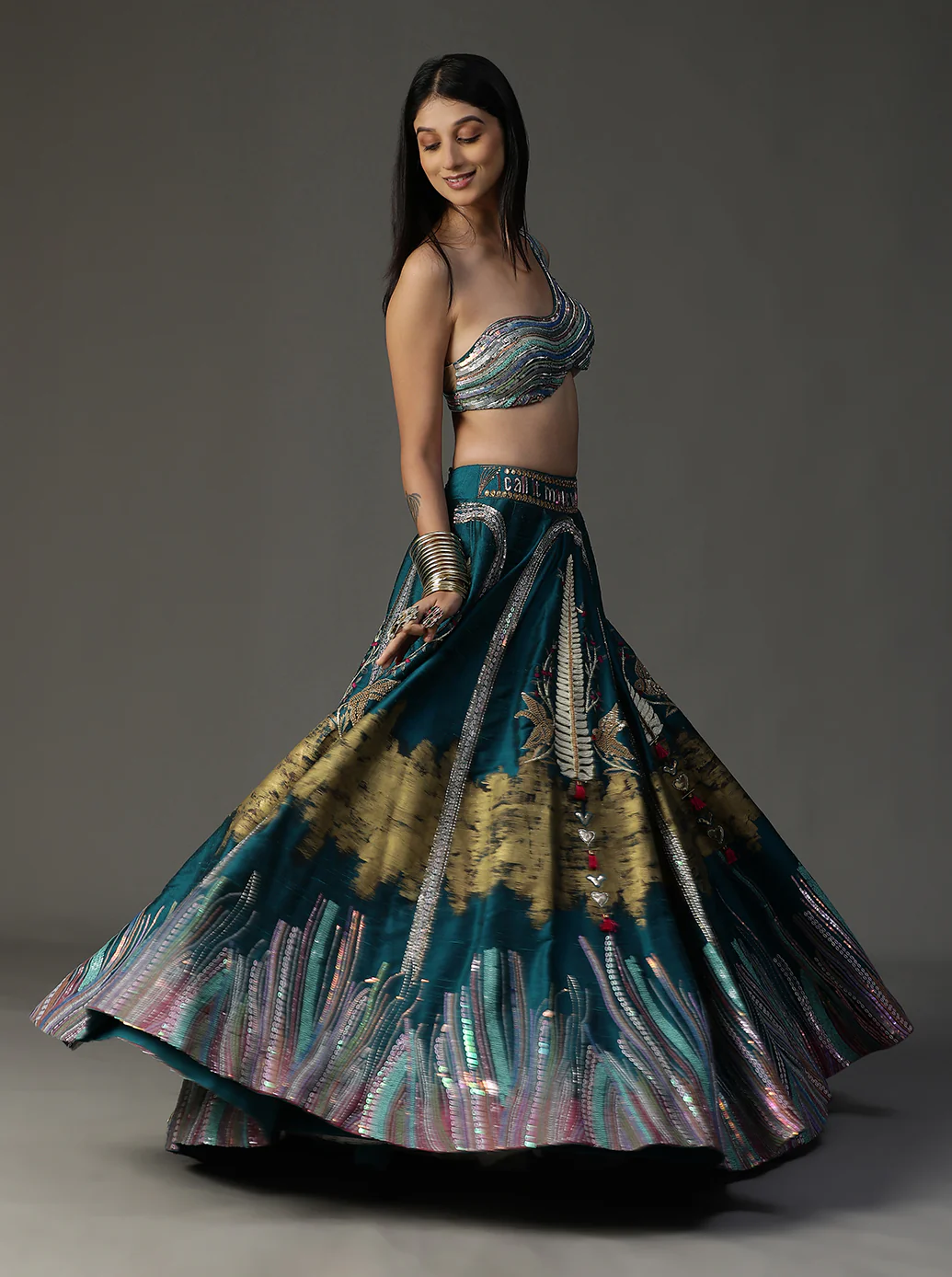 Teal blue handpainted lehnga set - Image 6