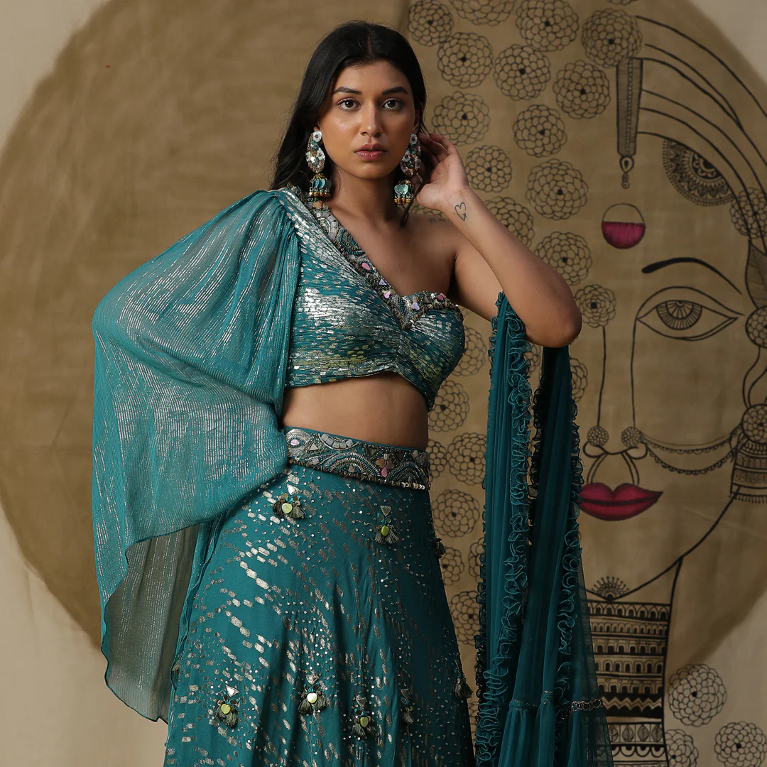 Teal blue lehenga set - Image 2