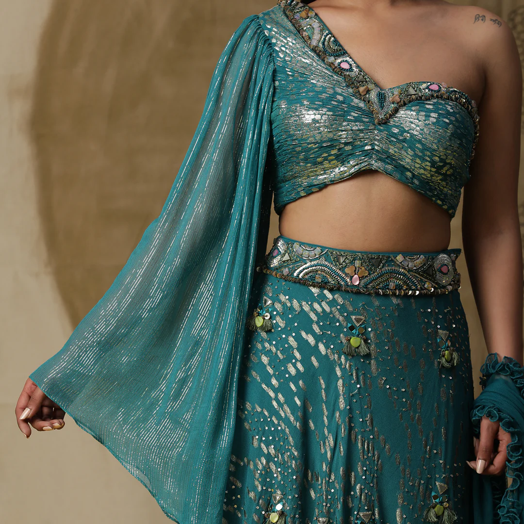 Teal blue lehenga set - Image 3
