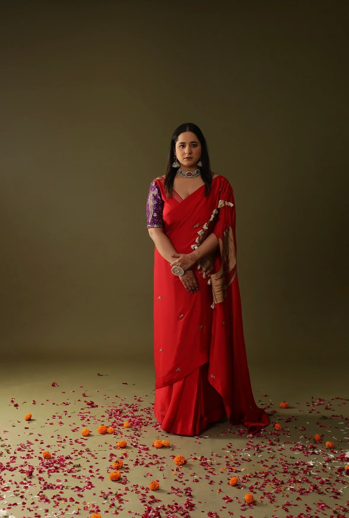 Red pre stitched drape saree
