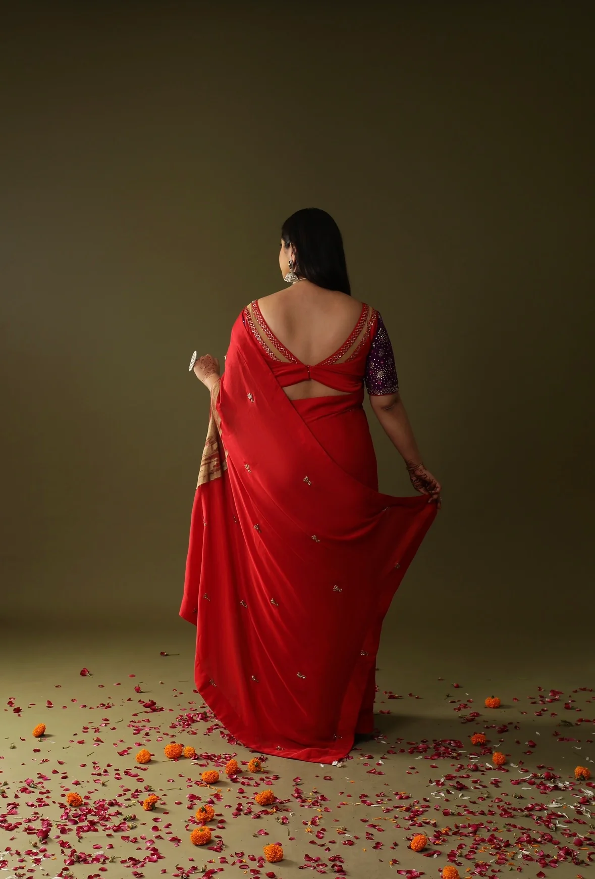 Red pre stitched drape saree - Image 2
