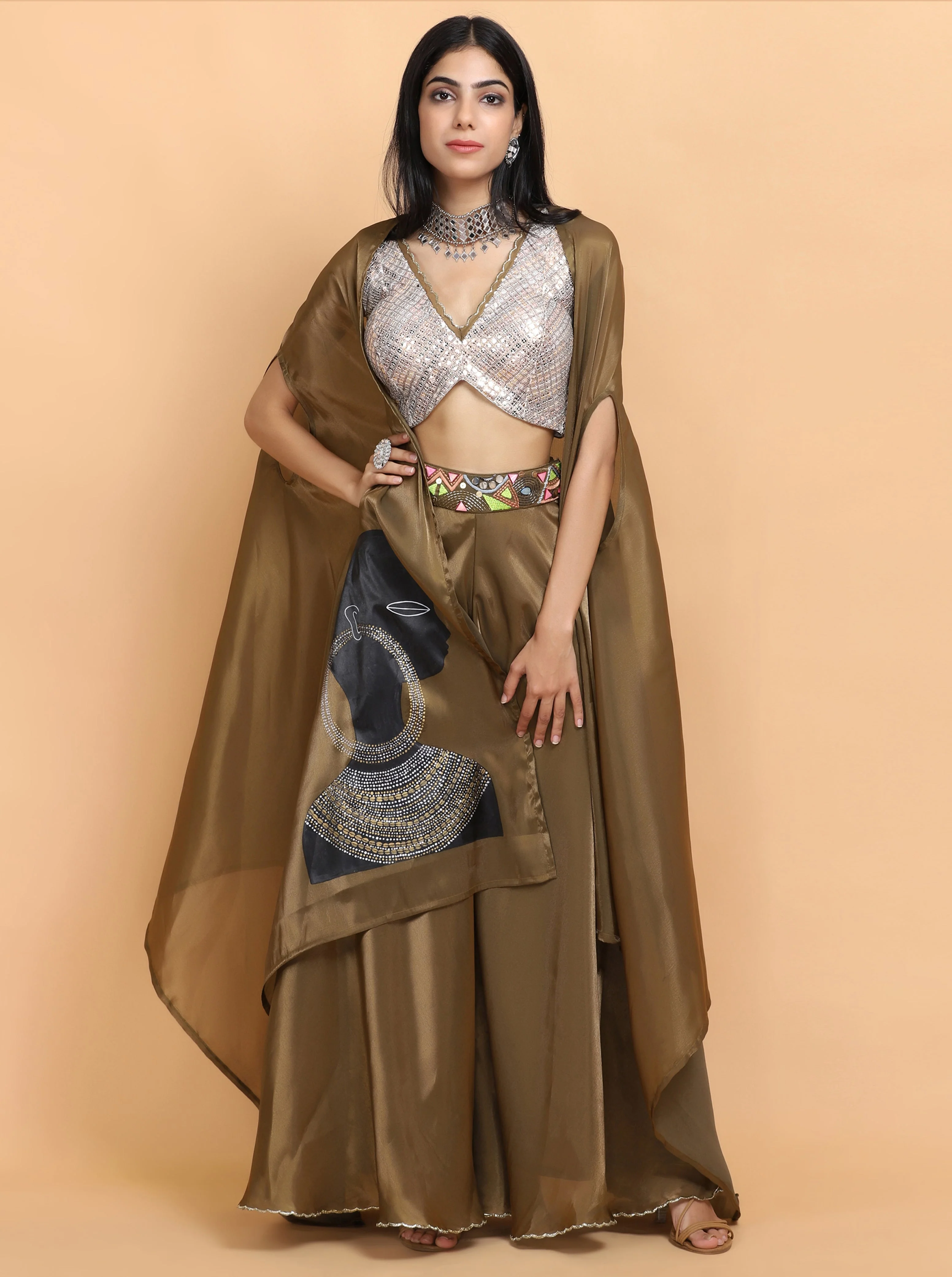 Upasana Kochhar In Olive green Handpainted Cape set - Image 3