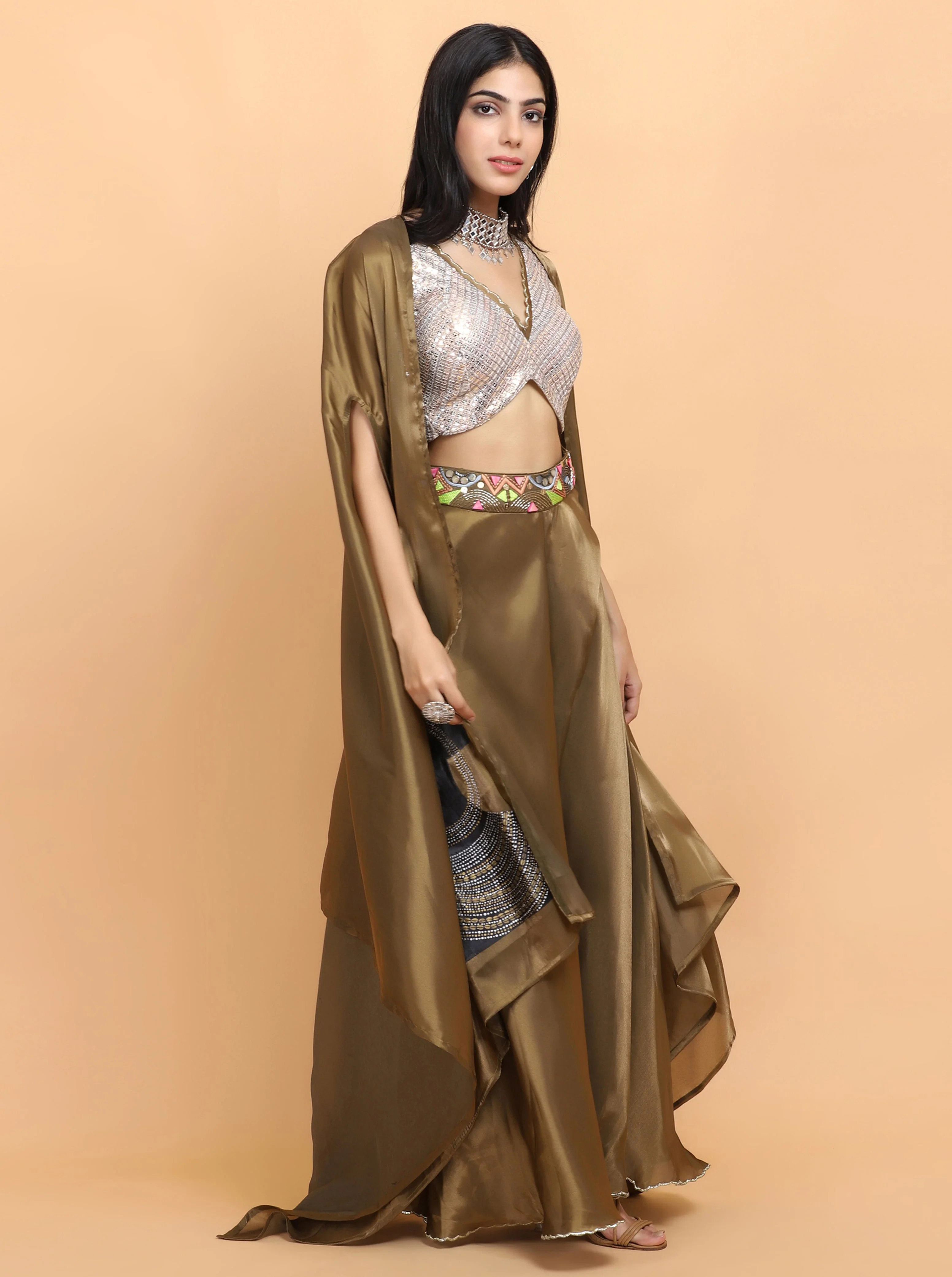 Upasana Kochhar In Olive green Handpainted Cape set - Image 6
